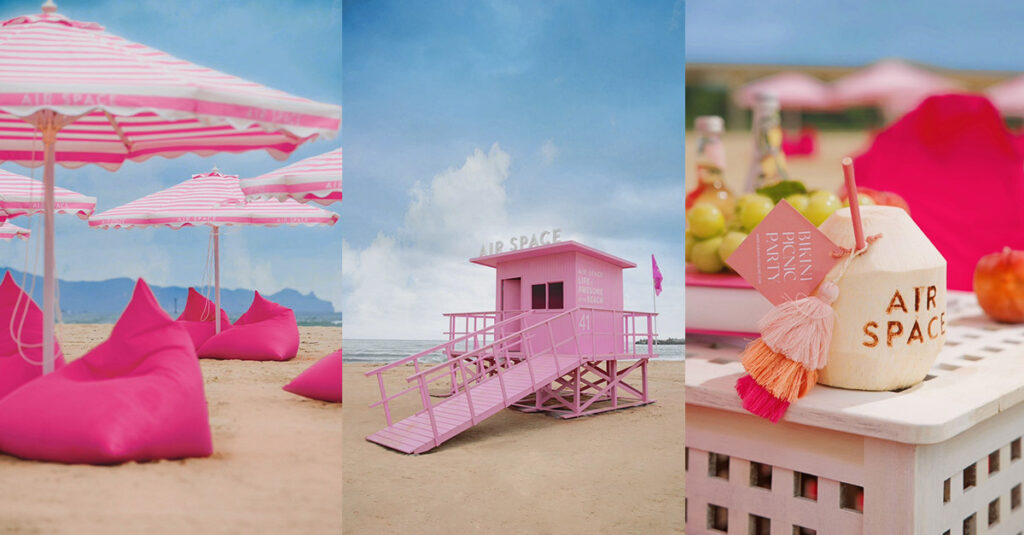 AIR SPACE浮誇系海灘，一整片的粉紅陽傘和懶骨頭，讓人少女心噴發！